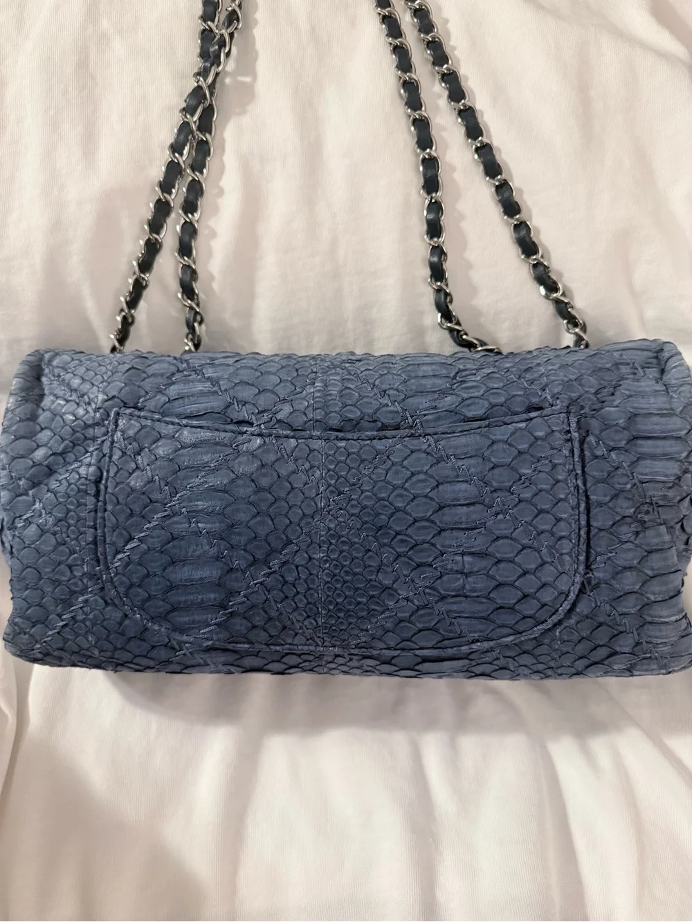 CHANEL Blue Python Double Flap Shoulder Bag